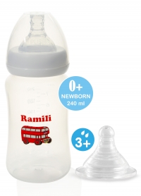 Противоколиковая бутылочка Ramili Baby 240 мл. с двумя сосками 0+ и 3+ (240MLBT100M, слабый и средний поток)